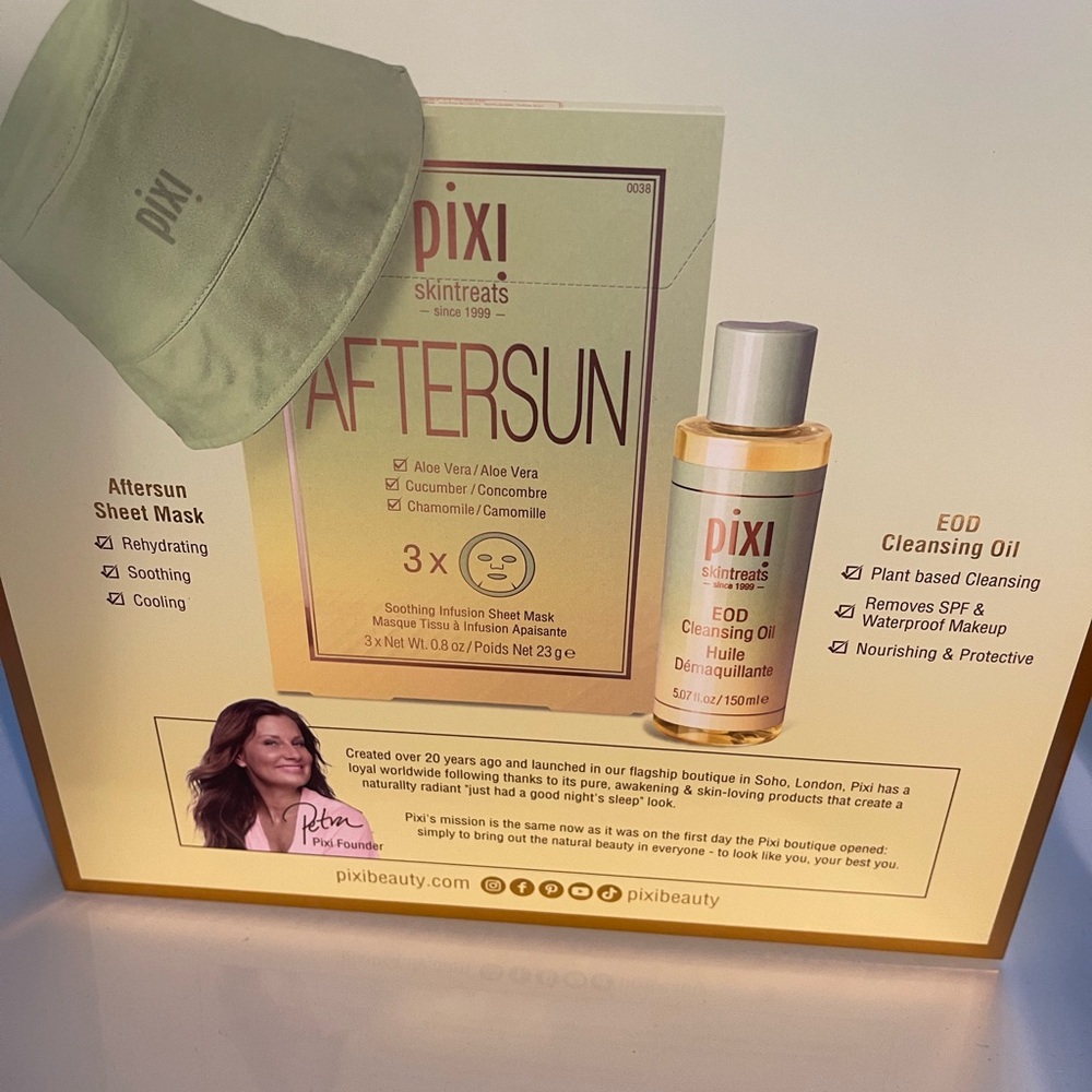 Pixi skintreats. Cleansing oil, sheet mask and hat.